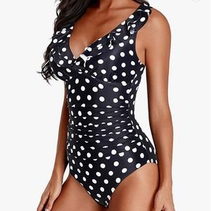 Holipick Tummy control Ruffle V neck slimming Polka dot one piece swimsuit M NWT